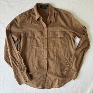 Lauren Ralph Lauren Petite Brown Cotton Button Down Shirt P/S Long Sleeve Pocket